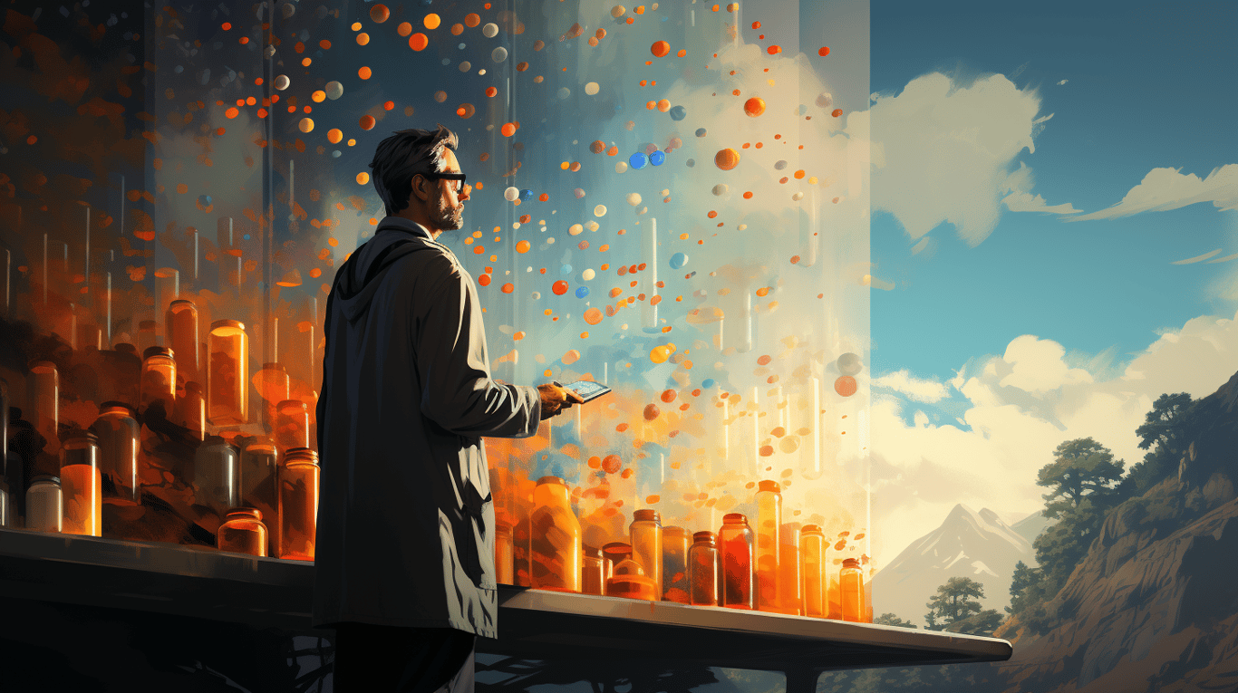 abstract image of a researcher studying a bottle of drug.