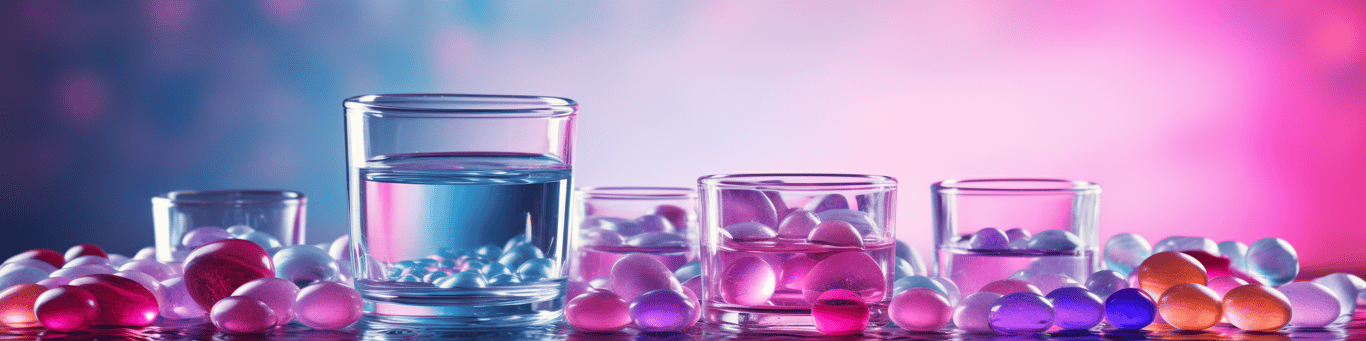 image of drug pills surrounding a glass of water symbolizing drug consumption