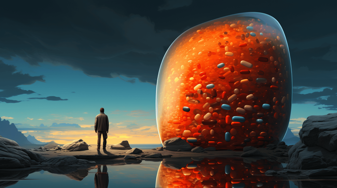 abstract image of a researcher studying a bottle of drug.