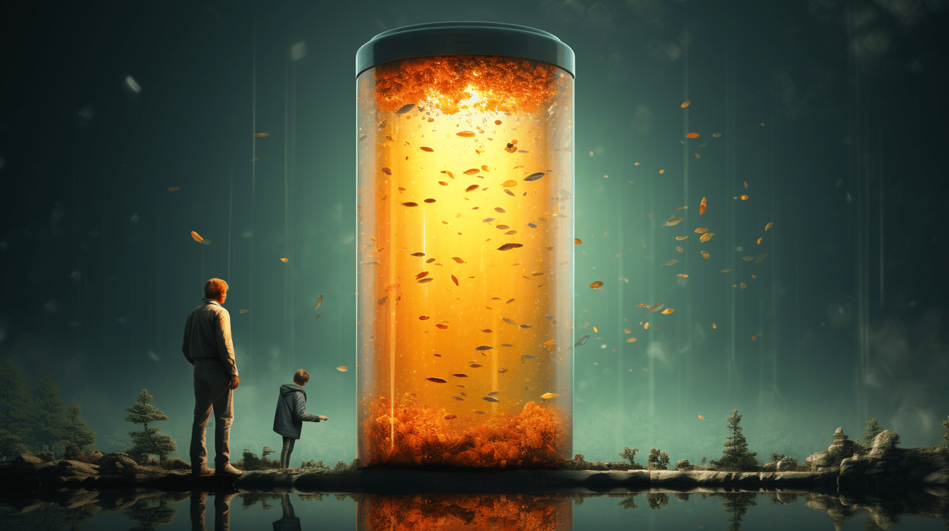 abstract image of a researcher studying a bottle of drug.