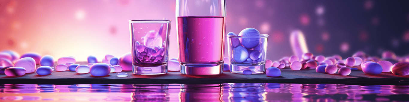 image of drug pills surrounding a glass of water symbolizing drug consumption