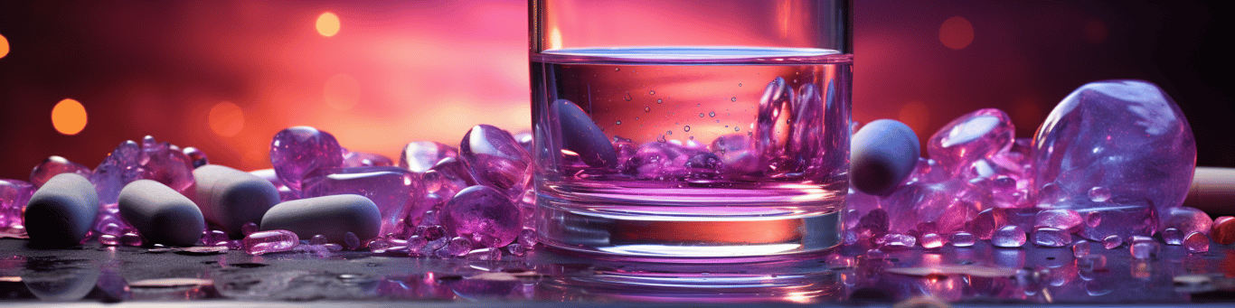image of drug pills surrounding a glass of water symbolizing drug consumption