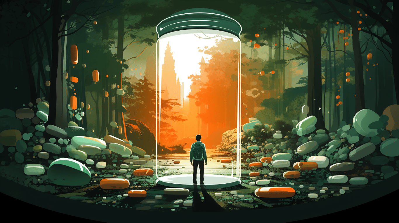 abstract image of a researcher studying a bottle of drug.