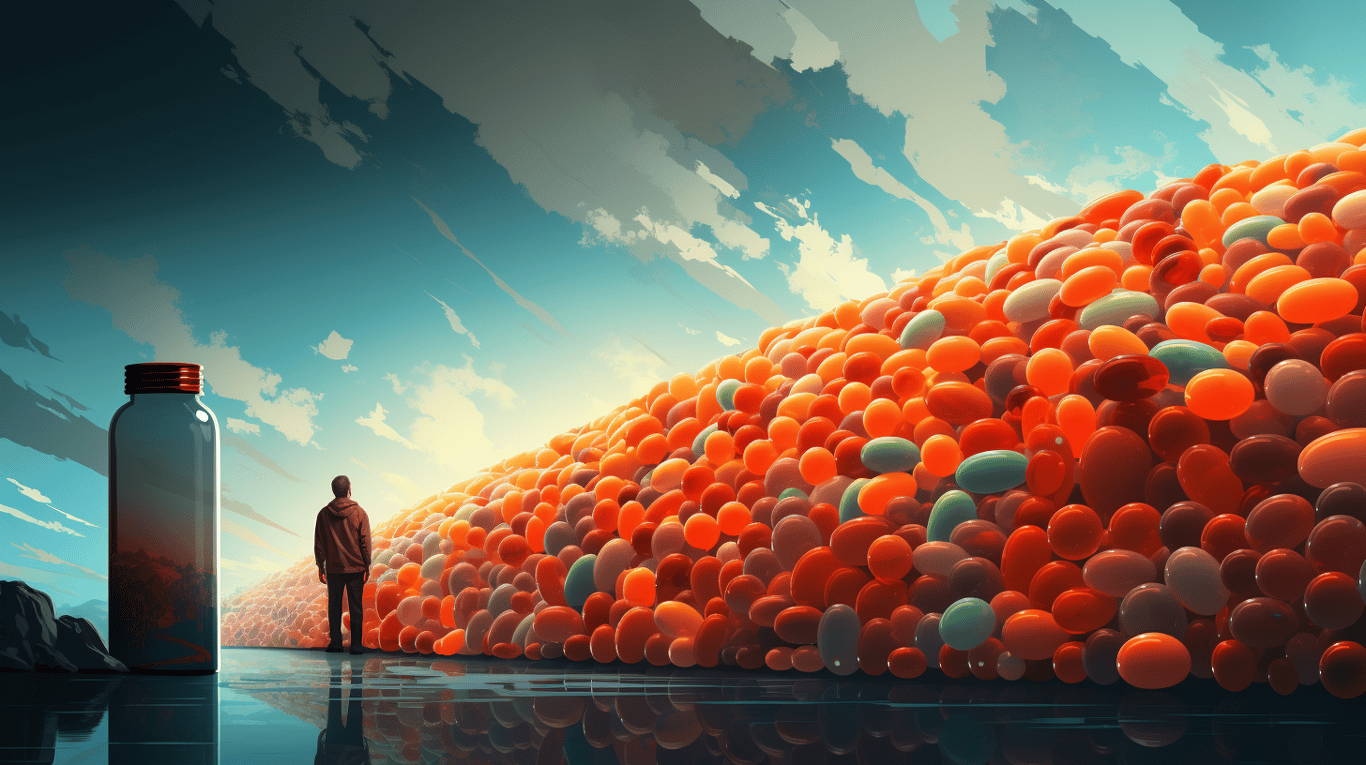 abstract image of a researcher studying a bottle of drug.