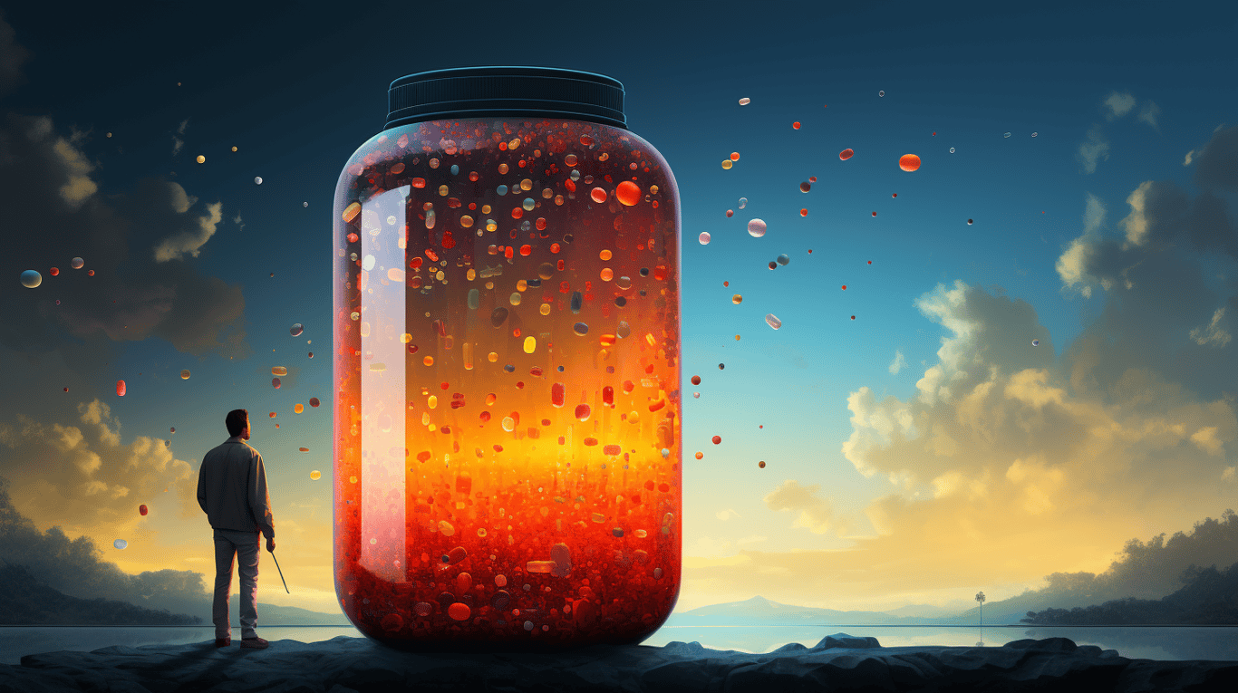 abstract image of a researcher studying a bottle of drug.