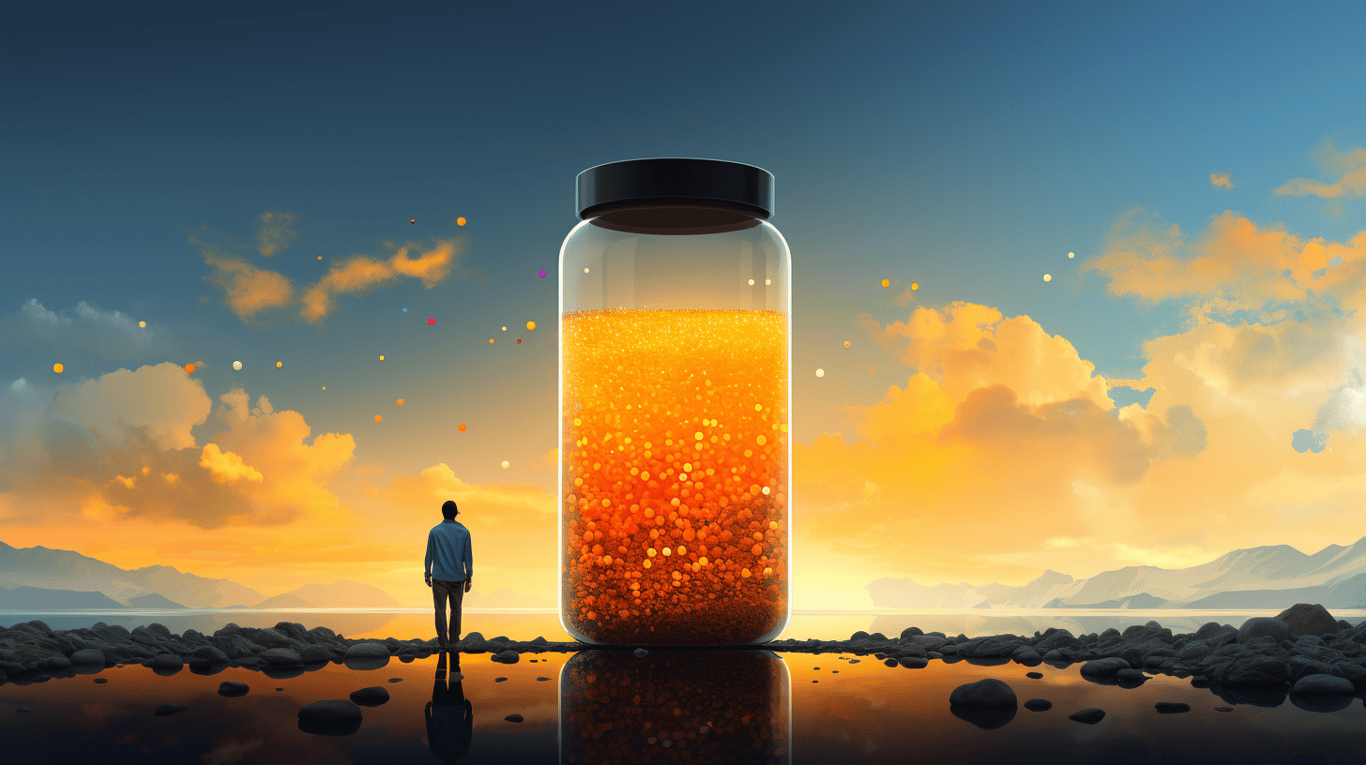 abstract image of a researcher studying a bottle of drug.