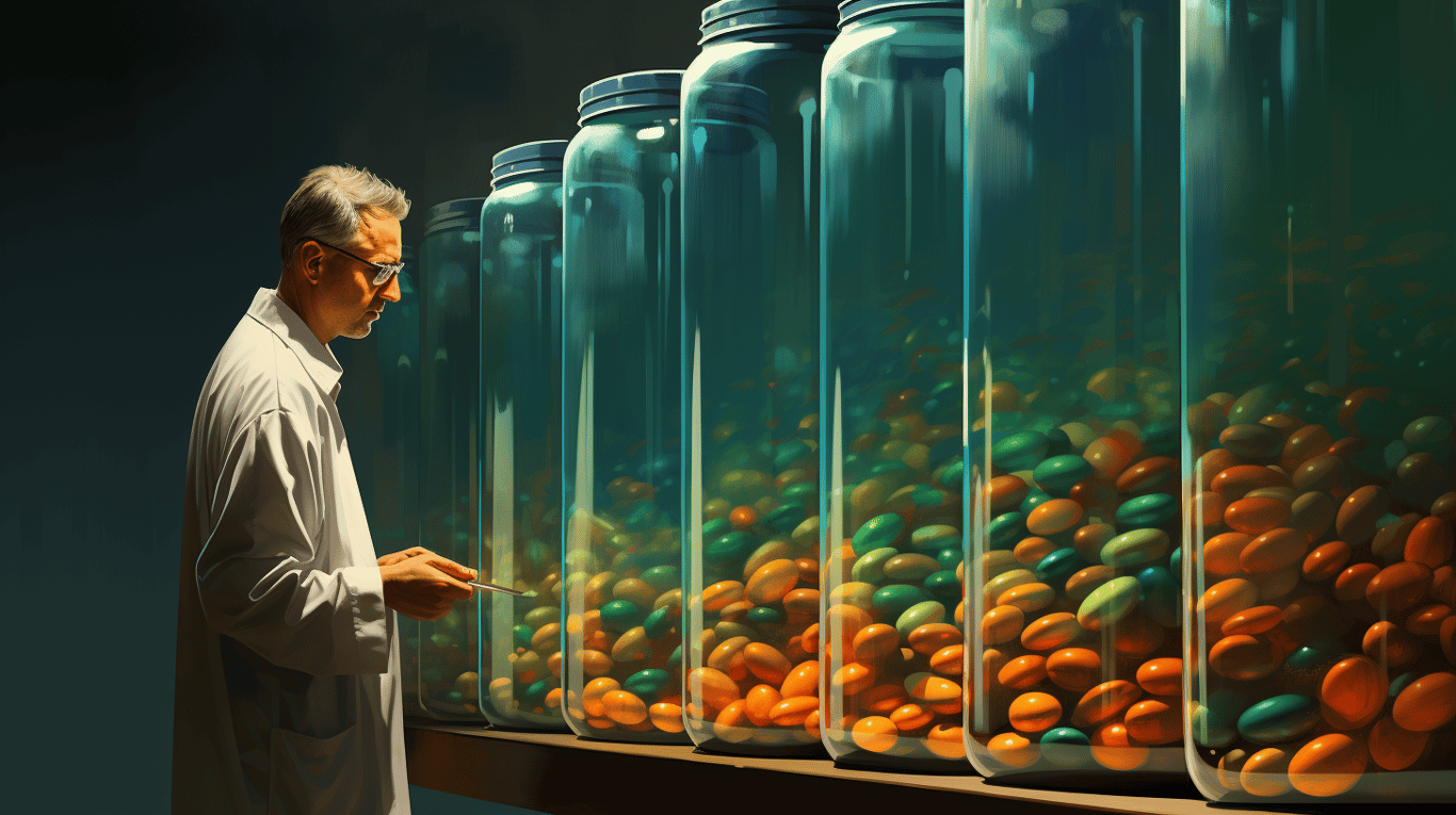 abstract image of a researcher studying a bottle of drug.