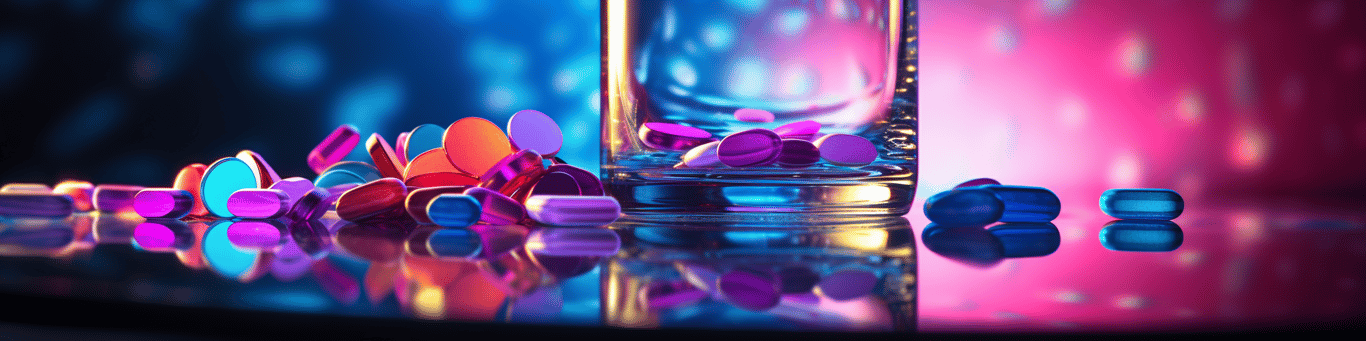 image of drug pills surrounding a glass of water symbolizing drug consumption