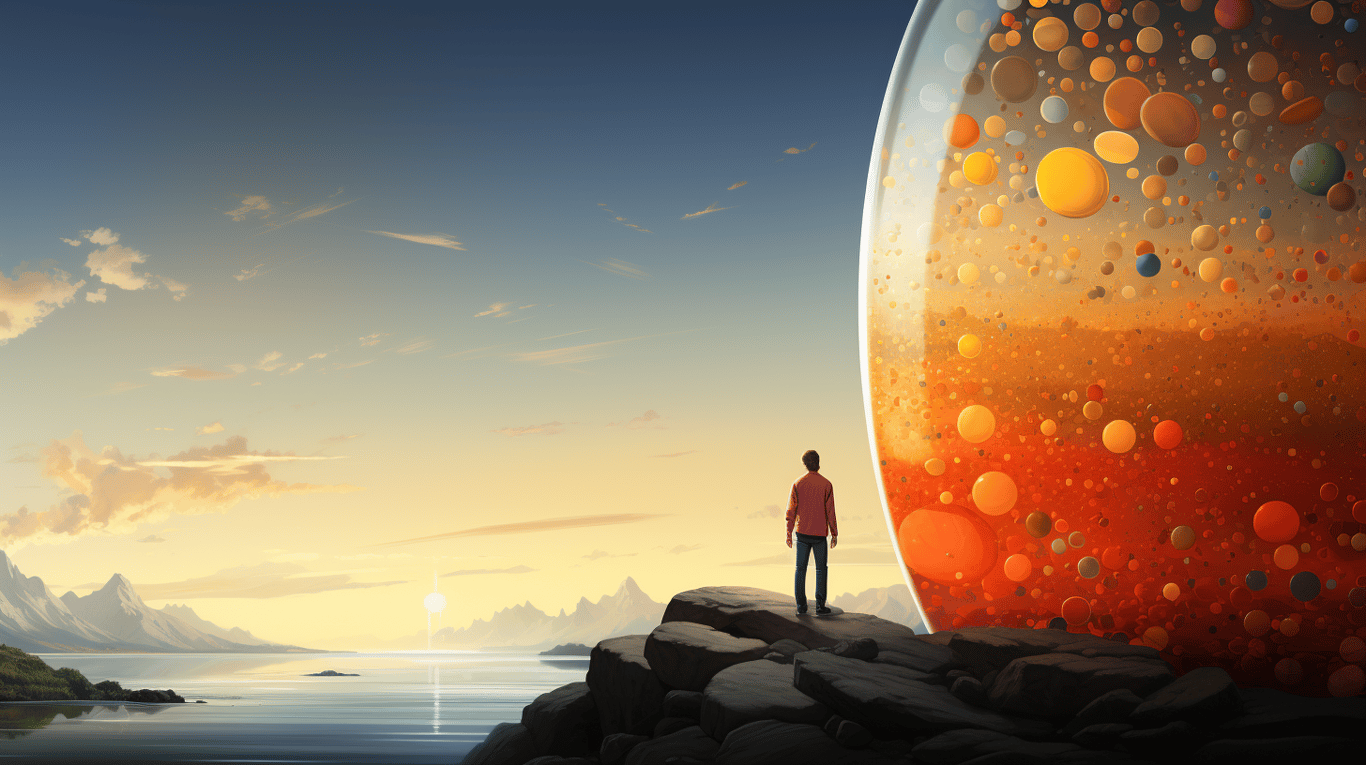 abstract image of a researcher studying a bottle of drug.