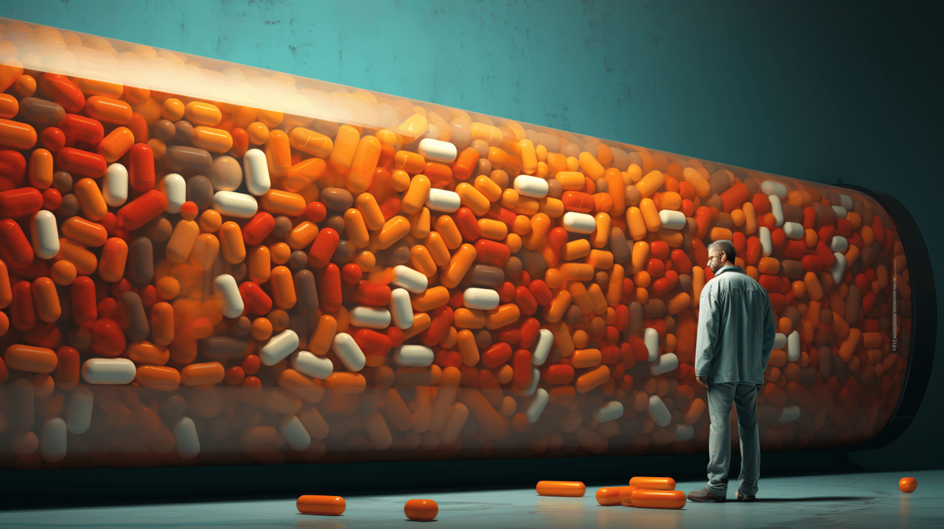 abstract image of a researcher studying a bottle of drug.