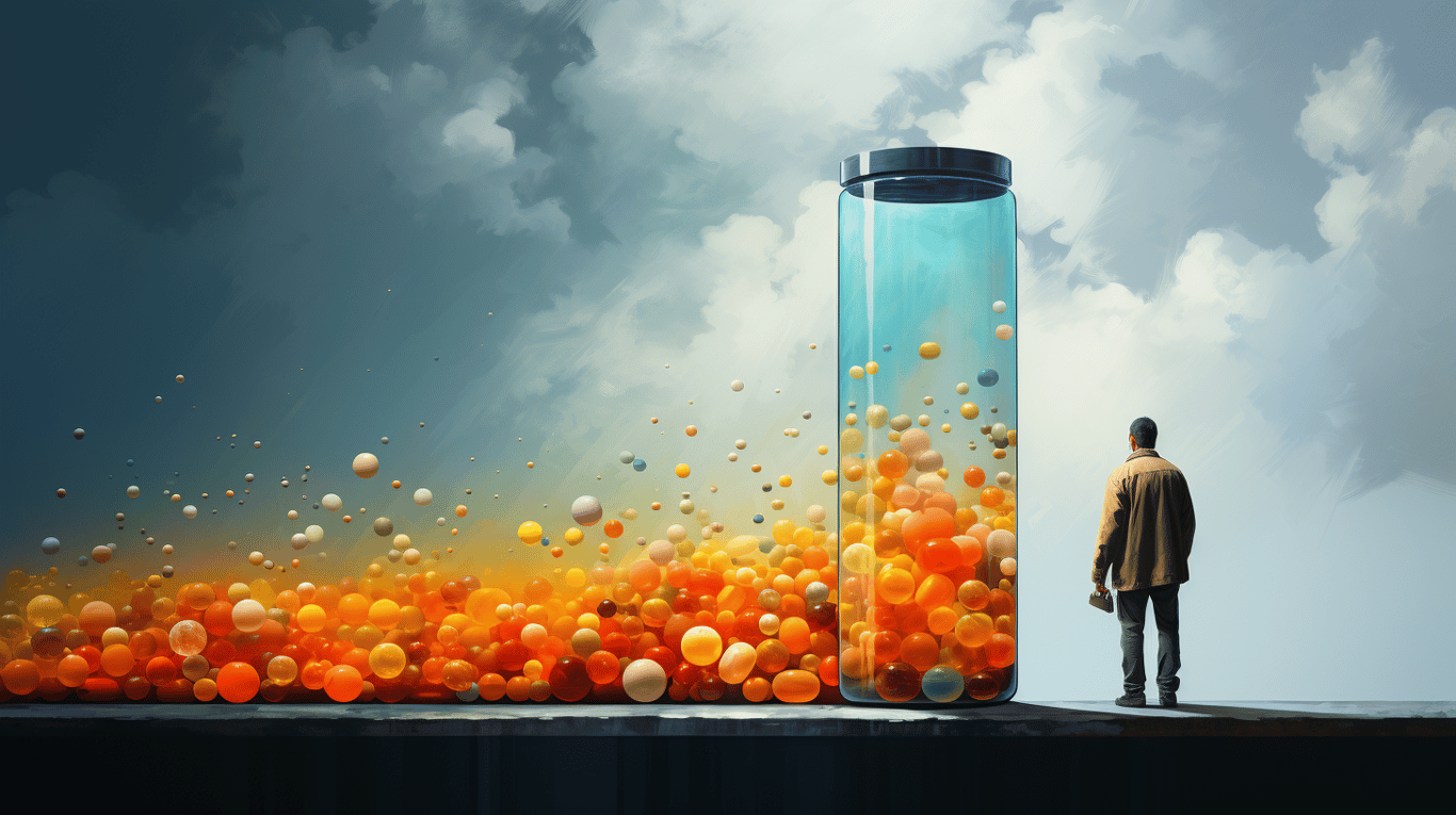 abstract image of a researcher studying a bottle of drug.