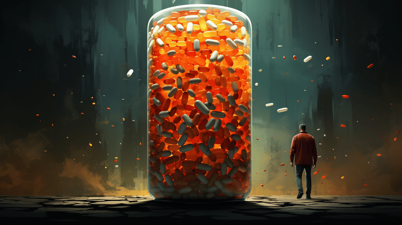 abstract image of a researcher studying a bottle of drug.