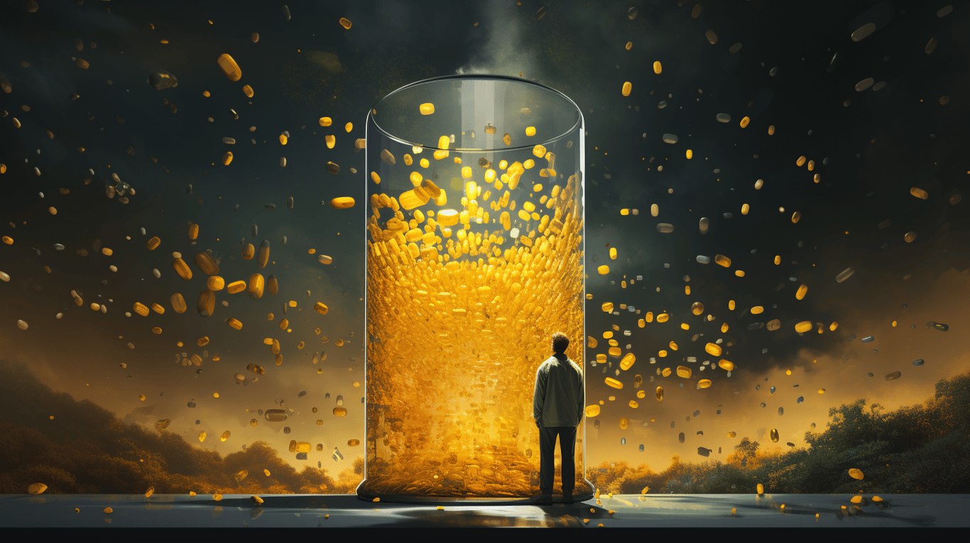 abstract image of a researcher studying a bottle of drug.