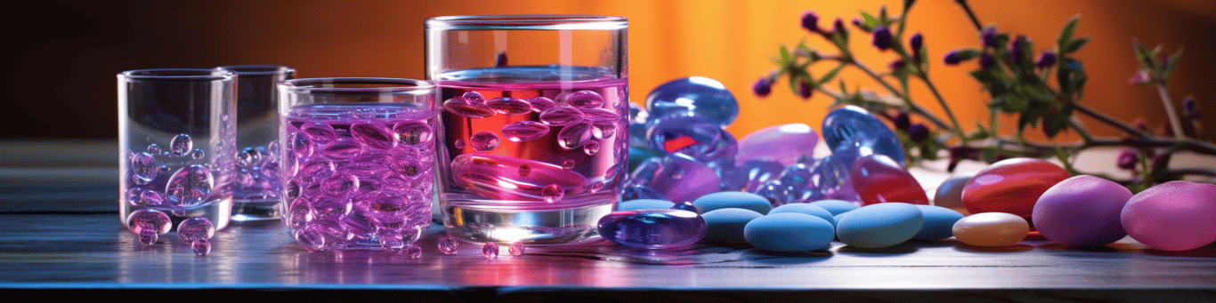 image of drug pills surrounding a glass of water symbolizing drug consumption