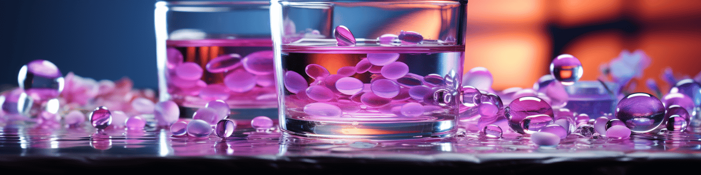 image of drug pills surrounding a glass of water symbolizing drug consumption