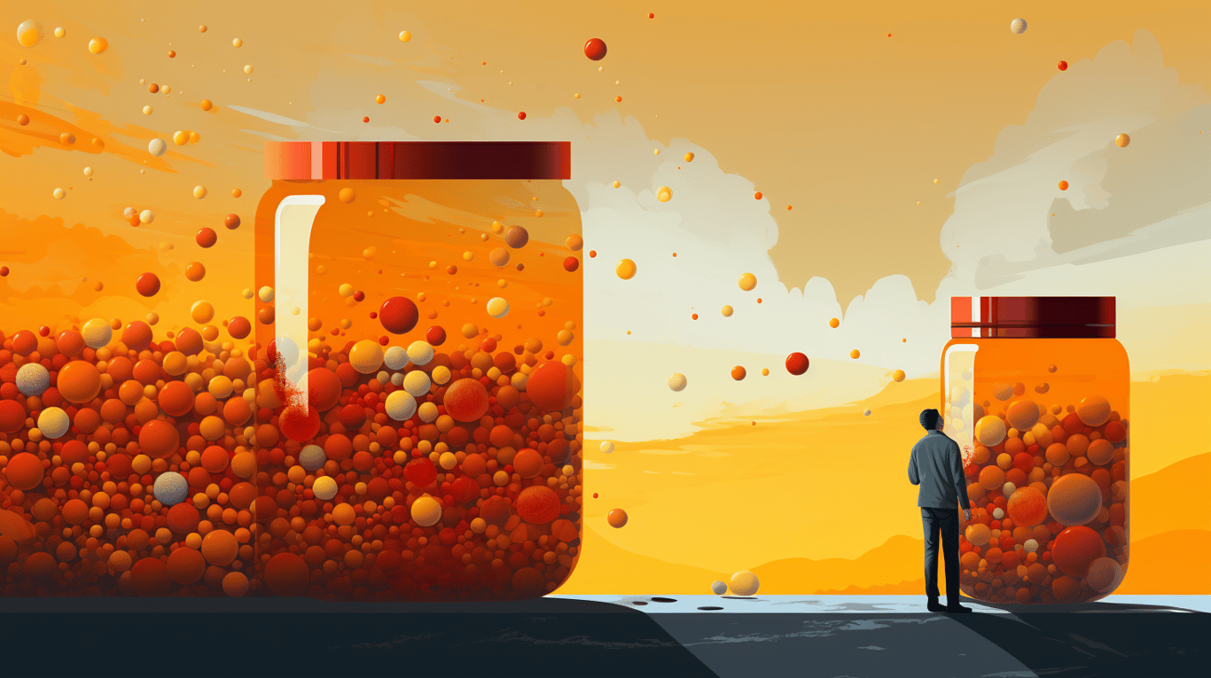 abstract image of a researcher studying a bottle of drug.