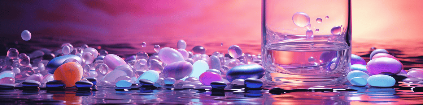 image of drug pills surrounding a glass of water symbolizing drug consumption