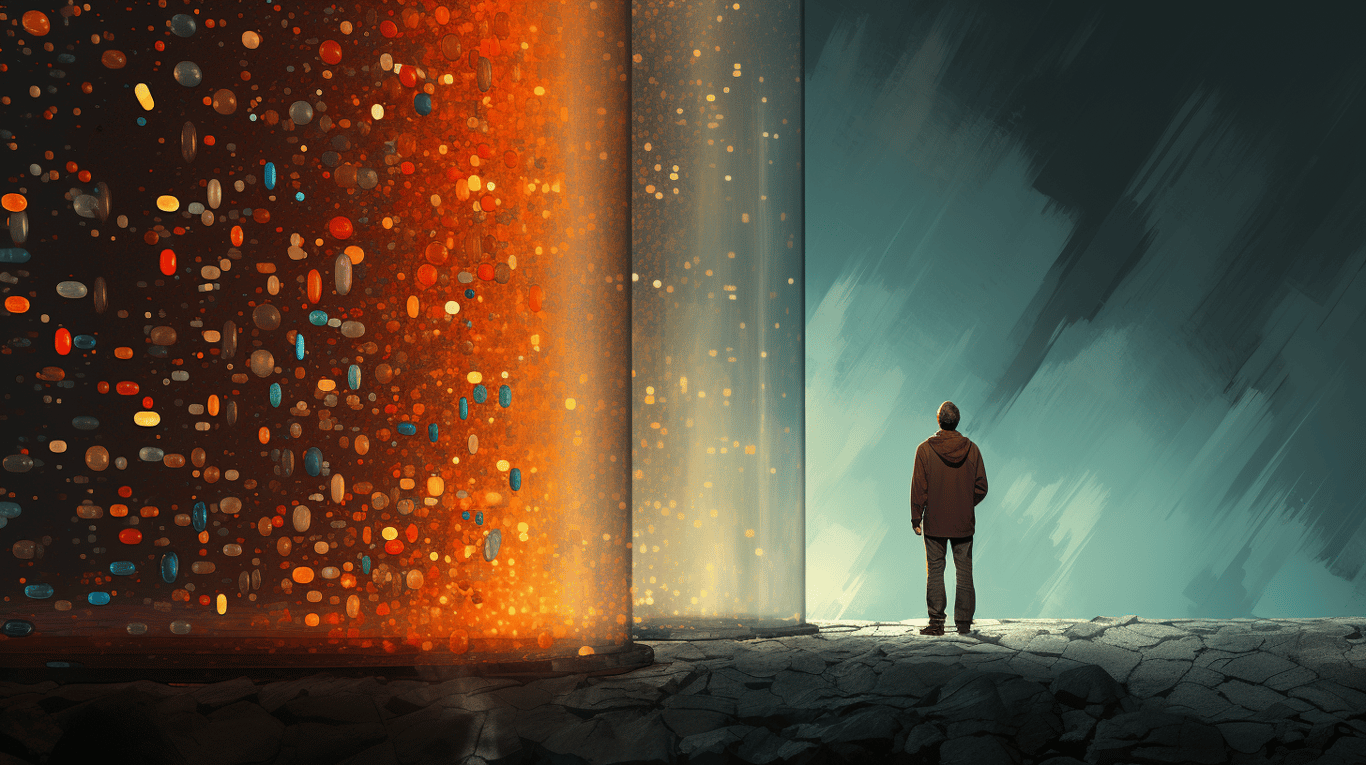 abstract image of a researcher studying a bottle of drug.