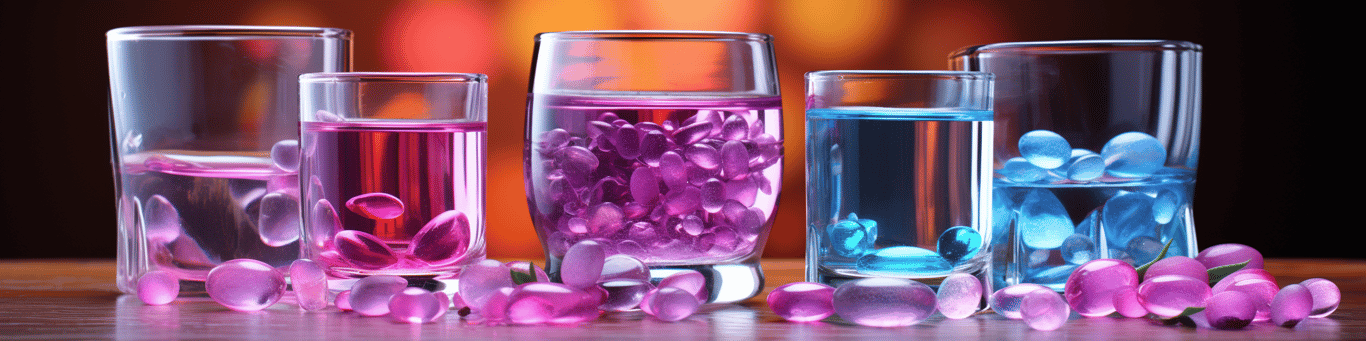 image of drug pills surrounding a glass of water symbolizing drug consumption