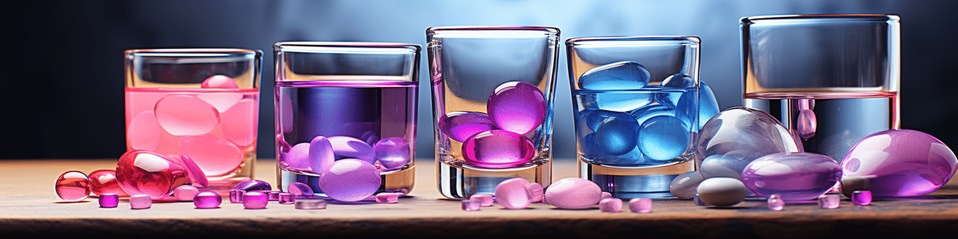 image of drug pills surrounding a glass of water symbolizing drug consumption