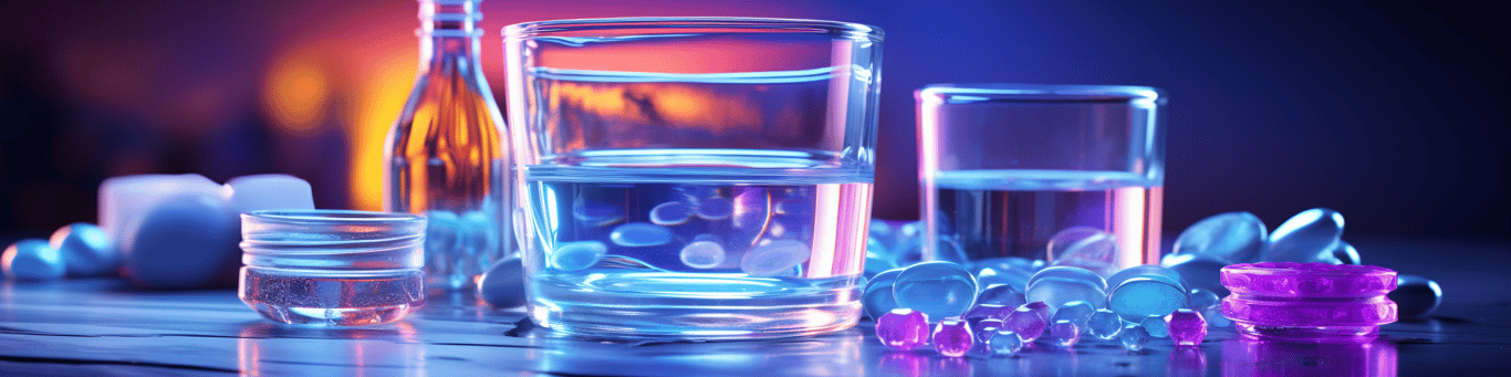 image of drug pills surrounding a glass of water symbolizing drug consumption
