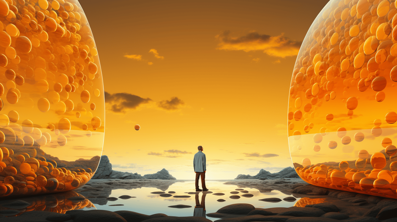 abstract image of a researcher studying a bottle of drug.