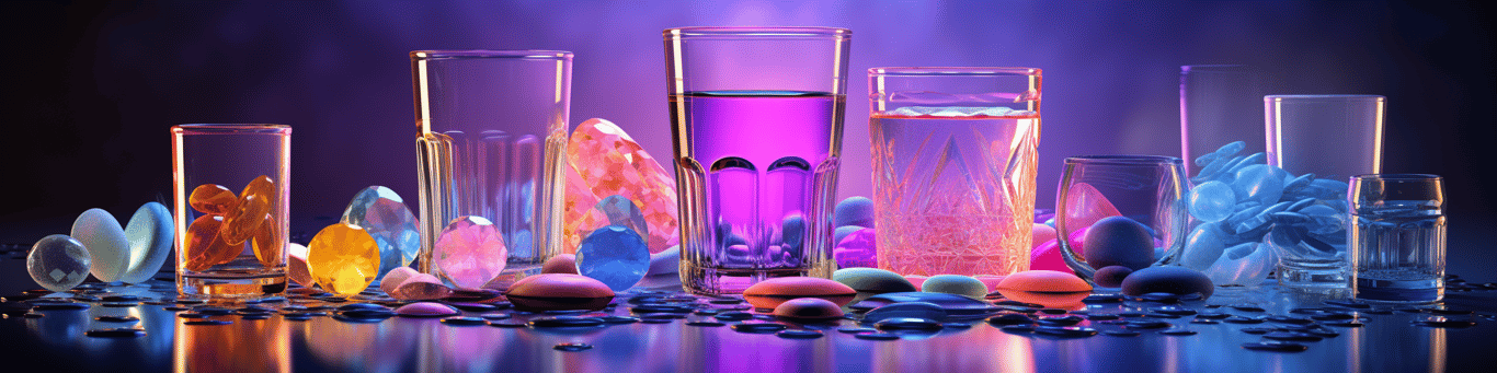 image of drug pills surrounding a glass of water symbolizing drug consumption