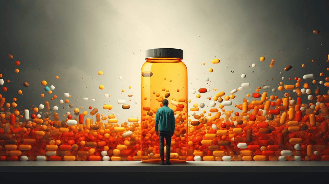 abstract image of a researcher studying a bottle of drug.
