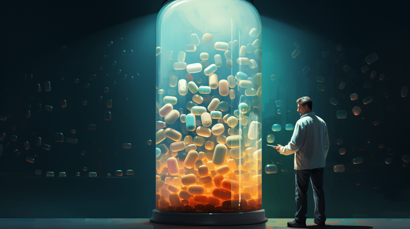 abstract image of a researcher studying a bottle of drug.