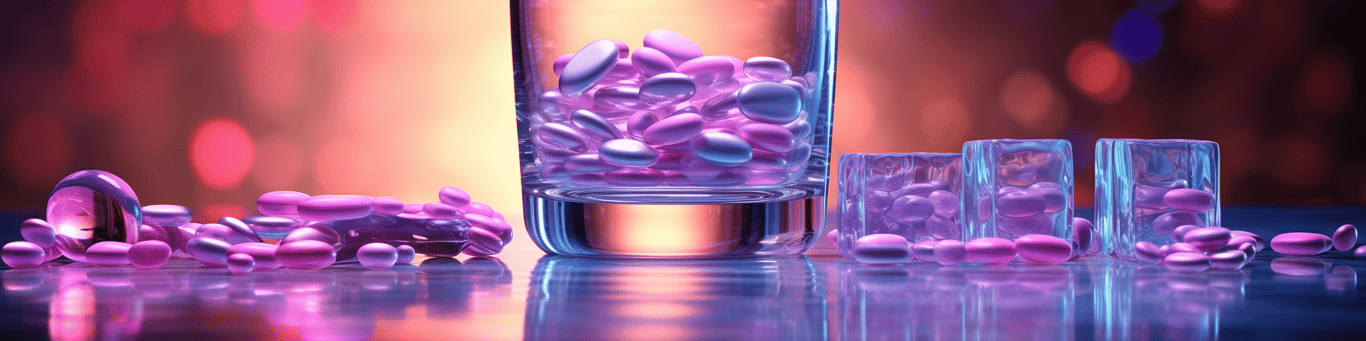 image of drug pills surrounding a glass of water symbolizing drug consumption