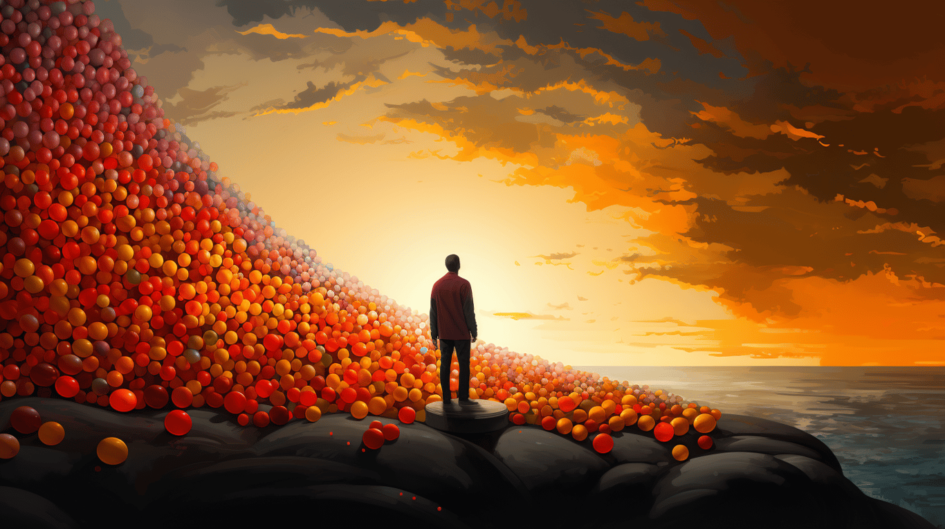 abstract image of a researcher studying a bottle of drug.