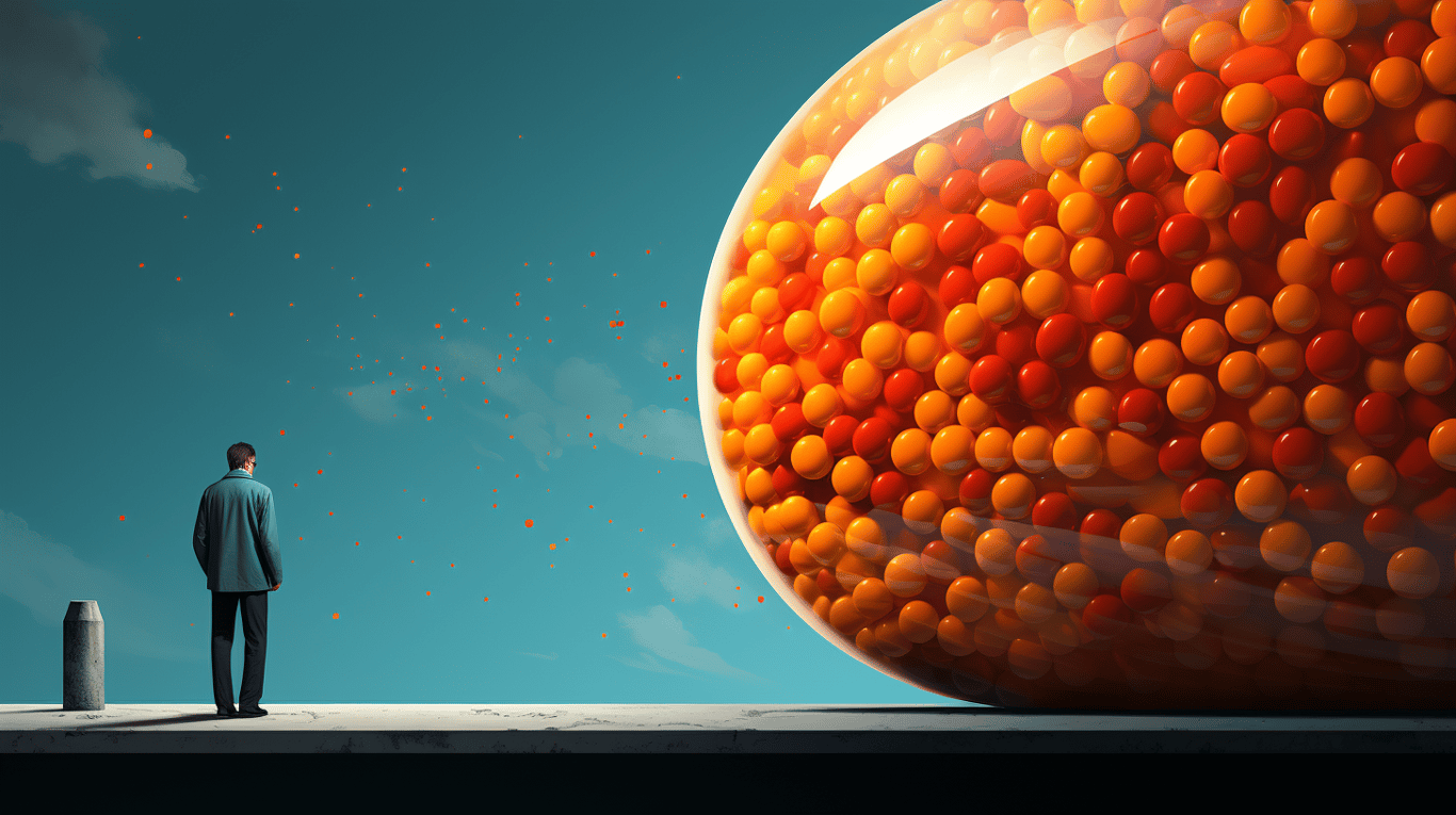 abstract image of a researcher studying a bottle of drug.