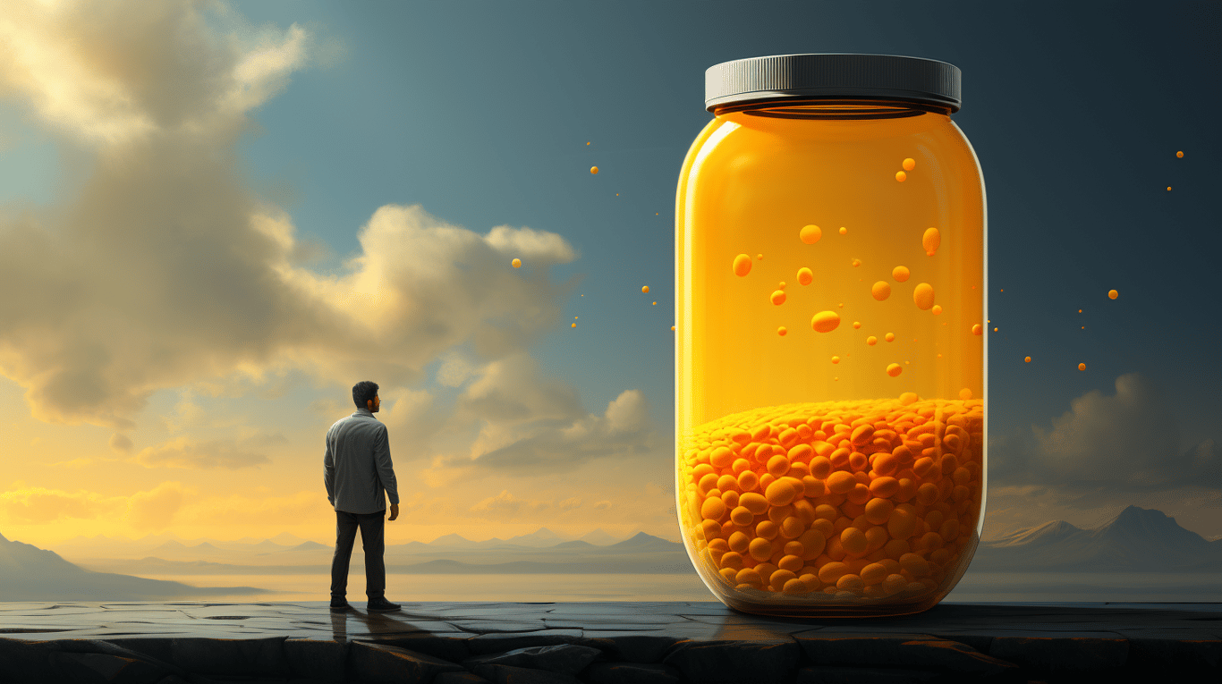 abstract image of a researcher studying a bottle of drug.
