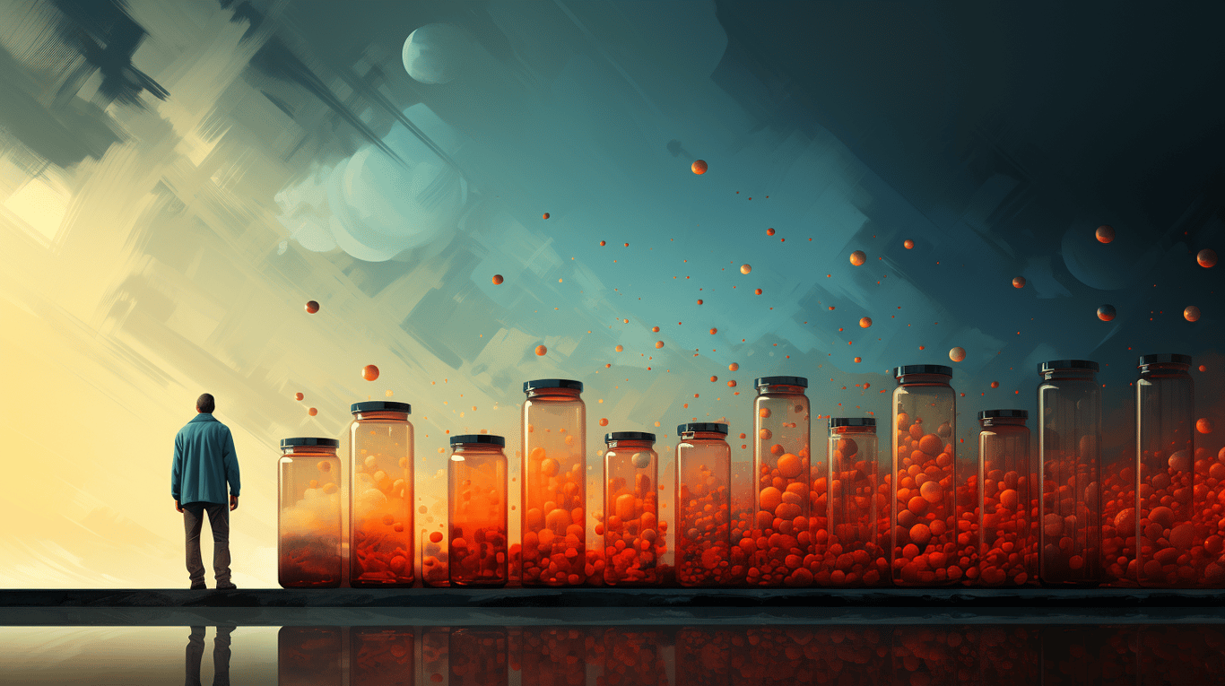 abstract image of a researcher studying a bottle of drug.