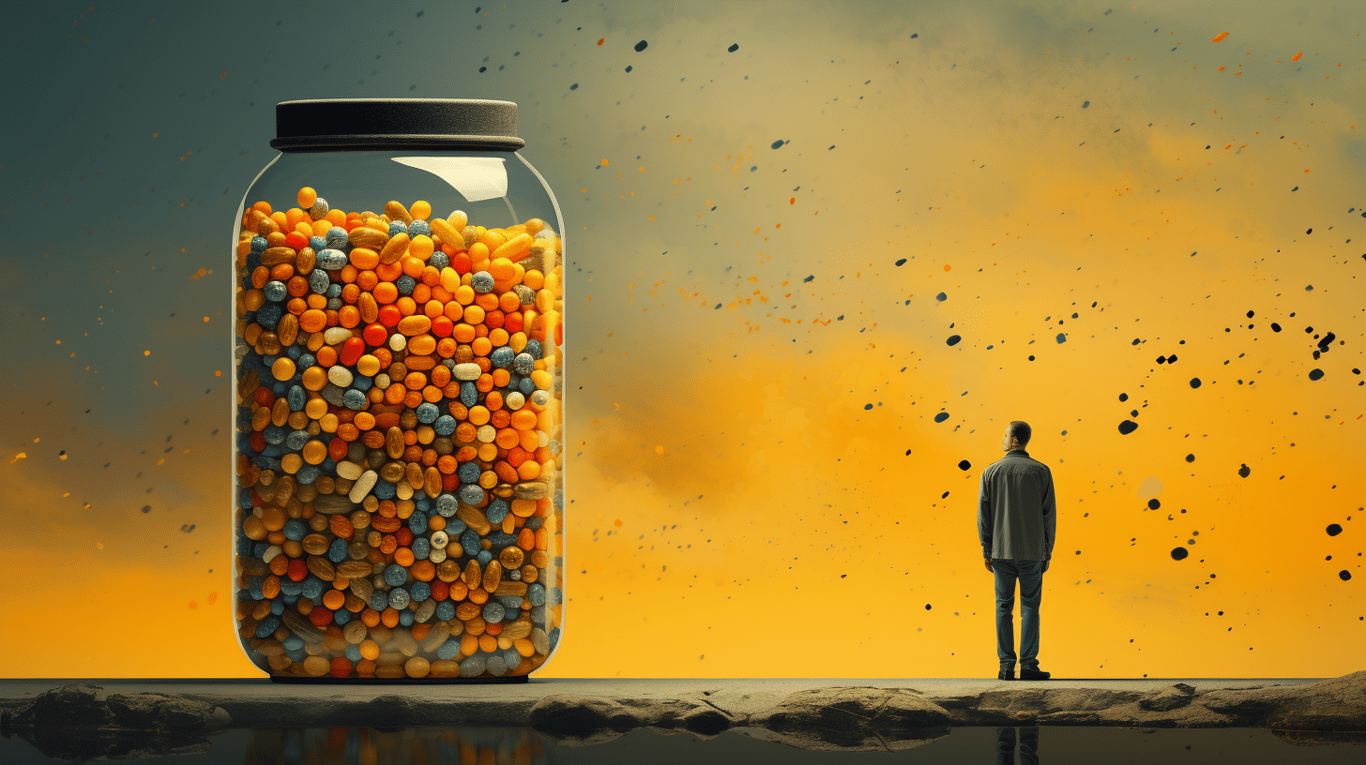 abstract image of a researcher studying a bottle of drug.