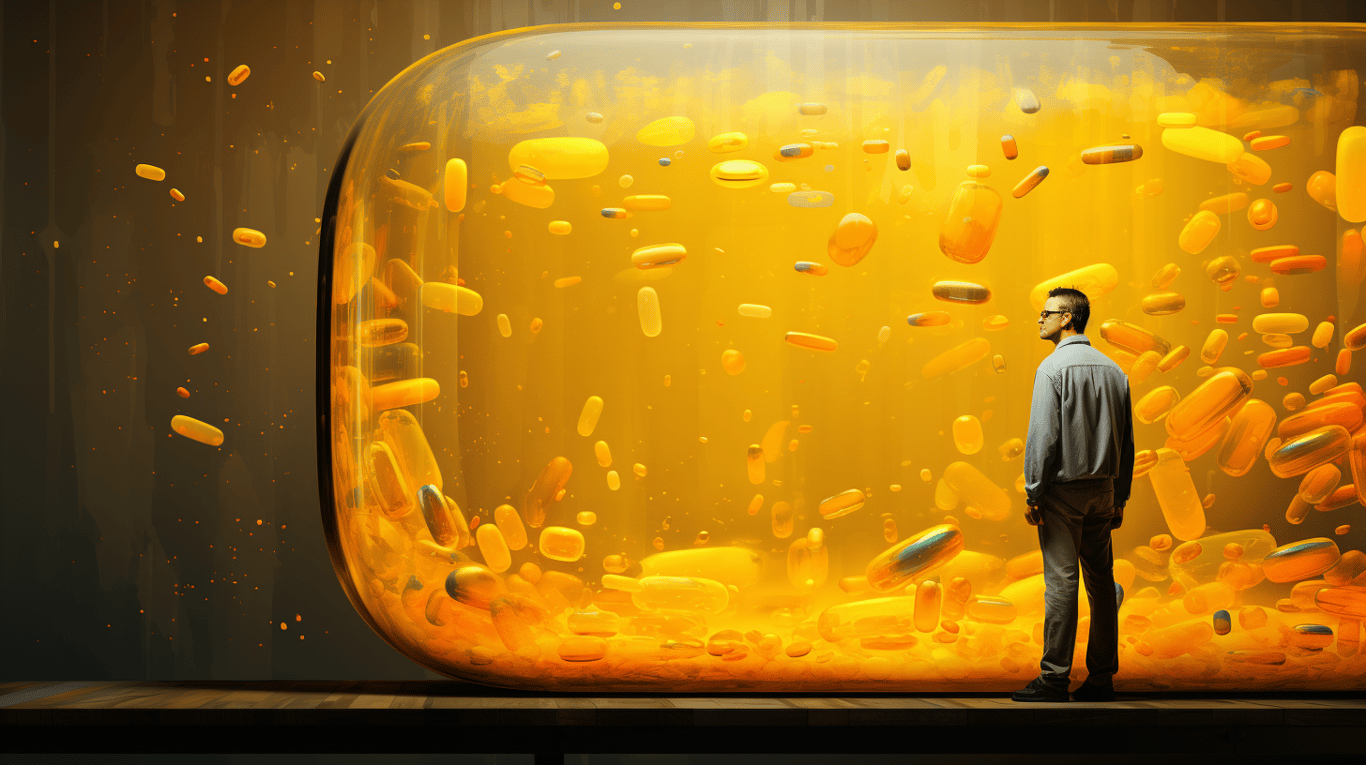 abstract image of a researcher studying a bottle of drug.