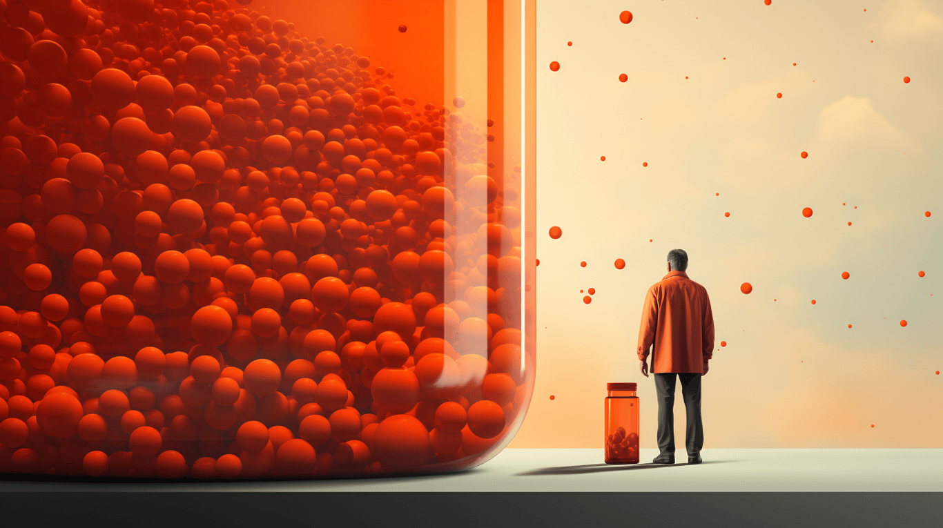 abstract image of a researcher studying a bottle of drug.