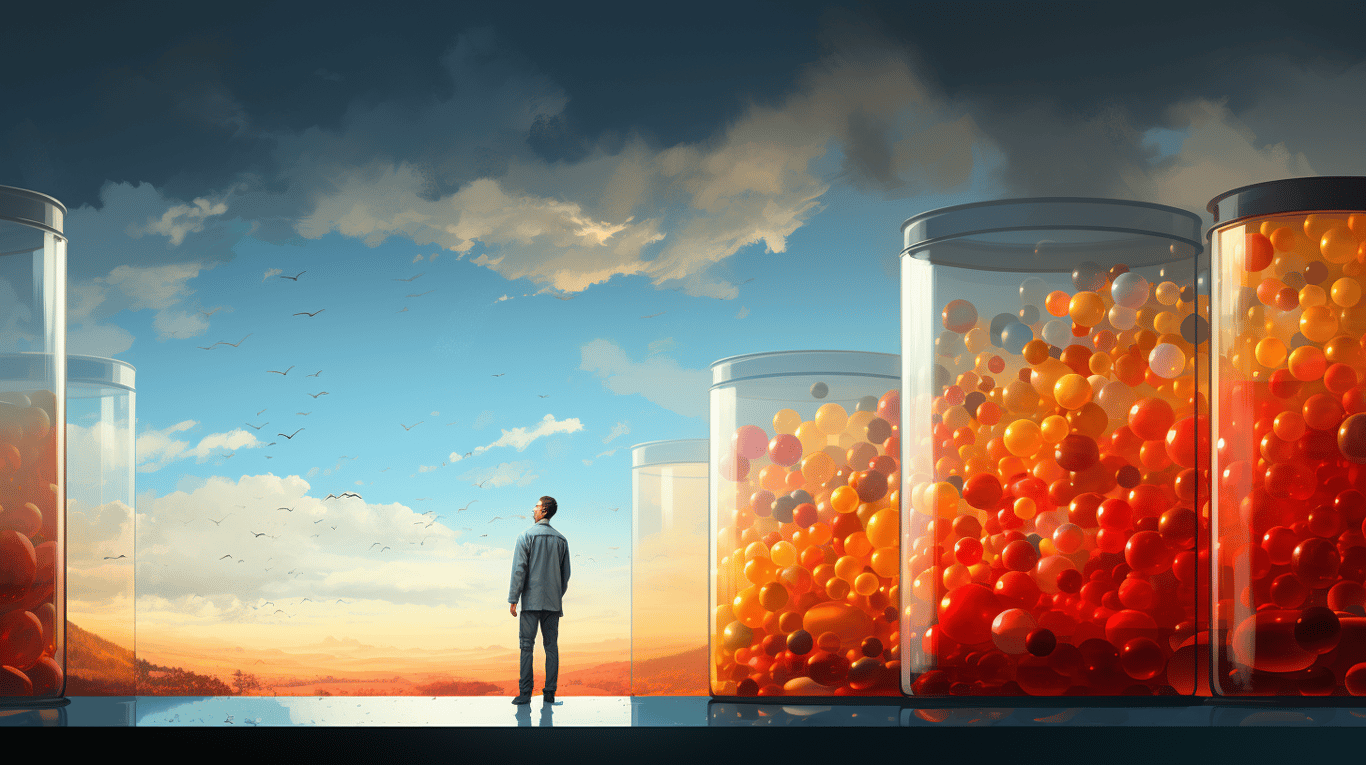 abstract image of a researcher studying a bottle of drug.