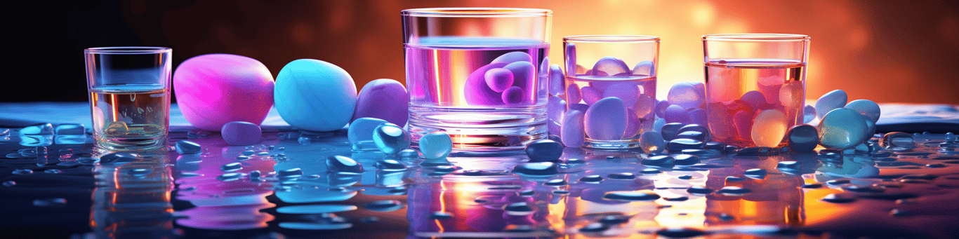 image of drug pills surrounding a glass of water symbolizing drug consumption