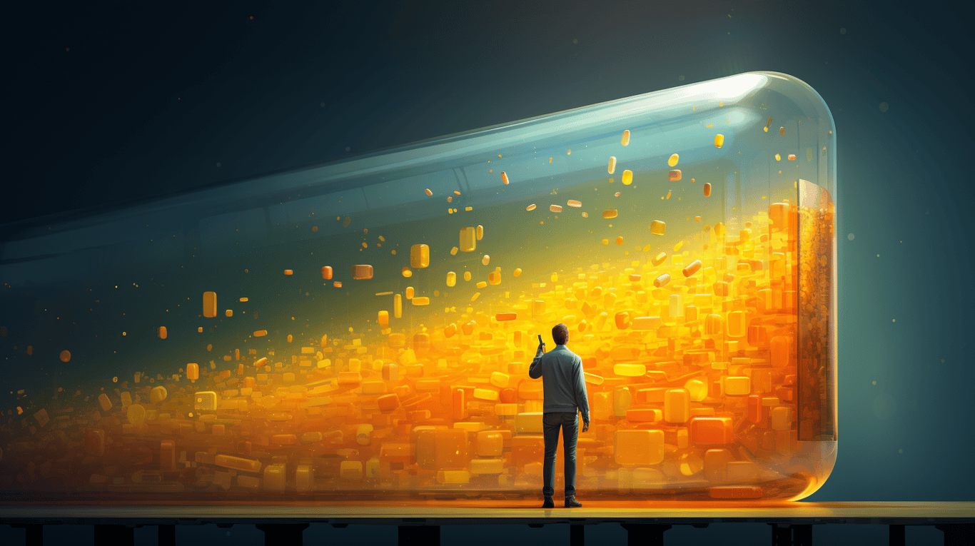 abstract image of a researcher studying a bottle of drug.