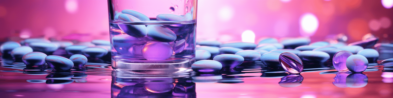image of drug pills surrounding a glass of water symbolizing drug consumption