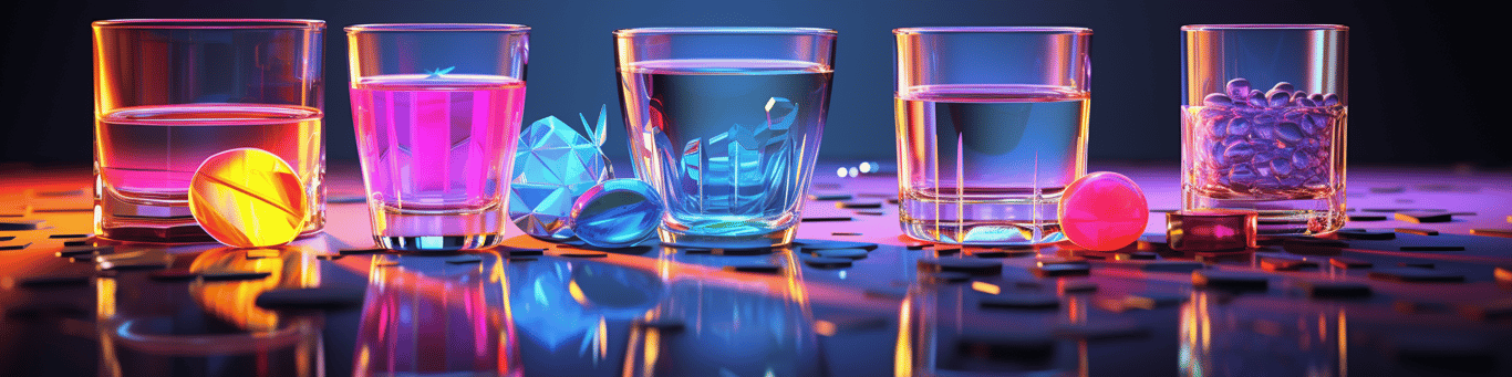 image of drug pills surrounding a glass of water symbolizing drug consumption