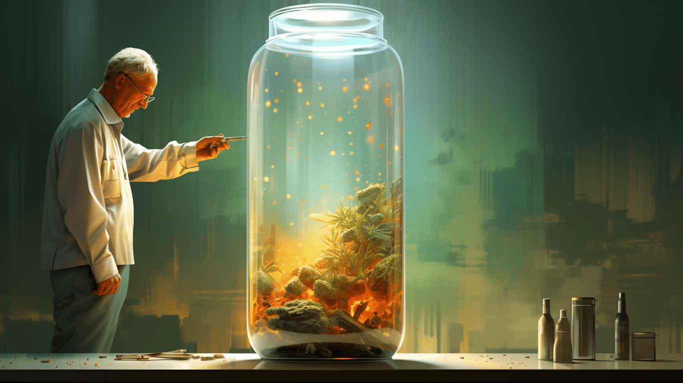 abstract image of a researcher studying a bottle of drug.