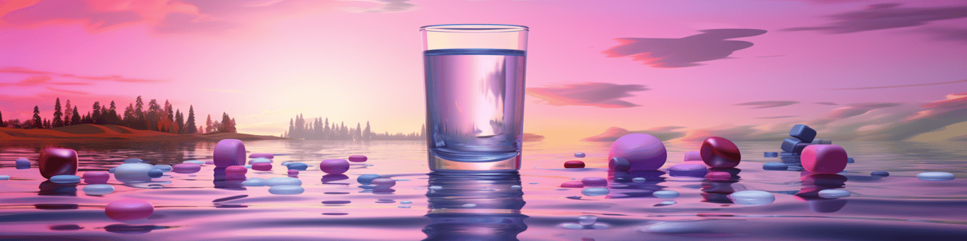 image of drug pills surrounding a glass of water symbolizing drug consumption