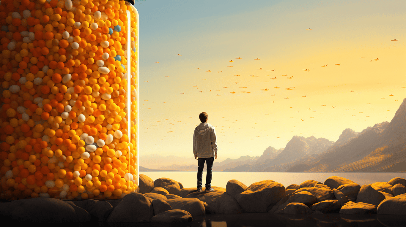 abstract image of a researcher studying a bottle of drug.