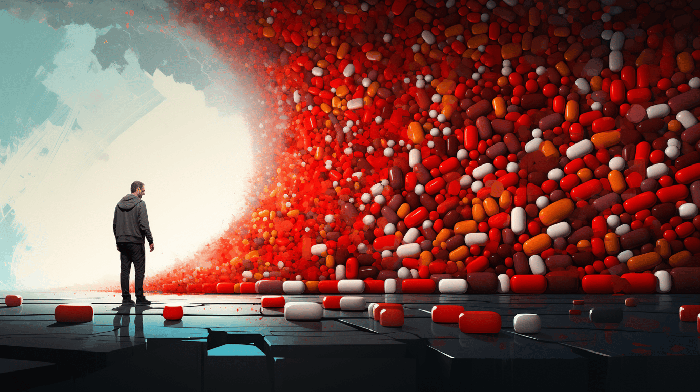 abstract image of a researcher studying a bottle of drug.