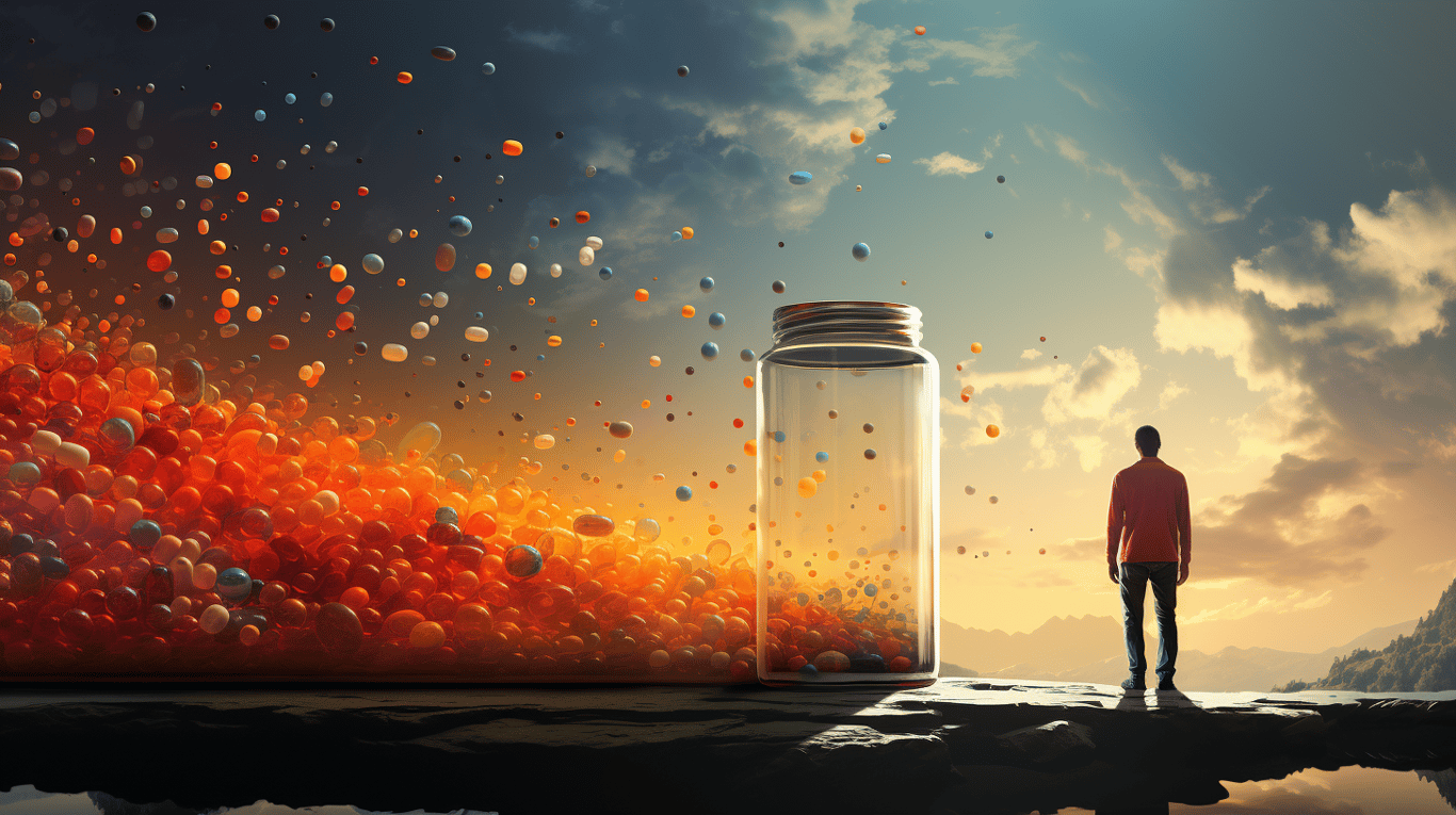 abstract image of a researcher studying a bottle of drug.