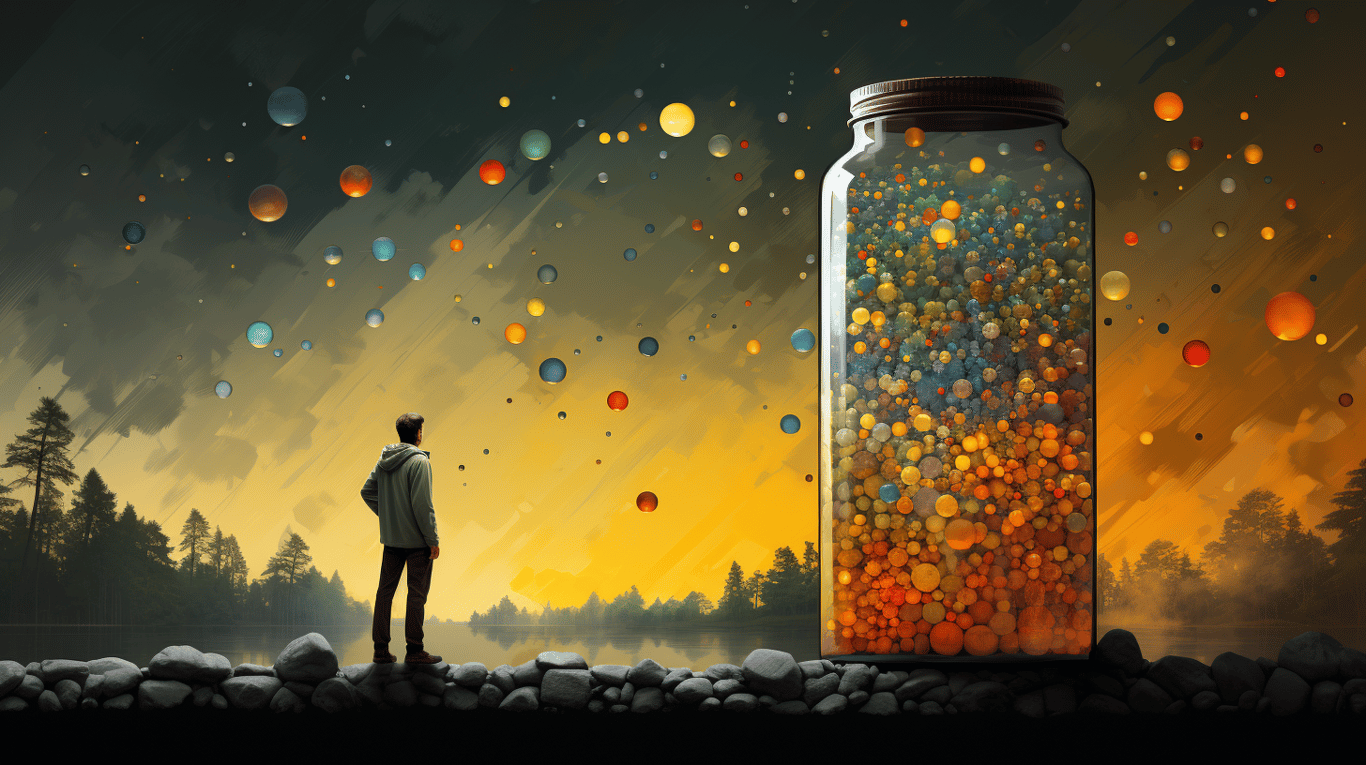 abstract image of a researcher studying a bottle of drug.