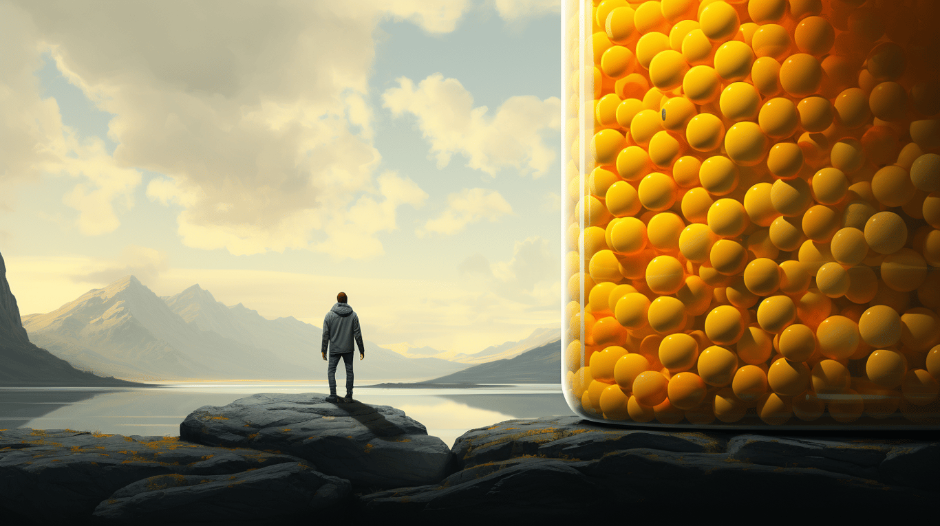 abstract image of a researcher studying a bottle of drug.