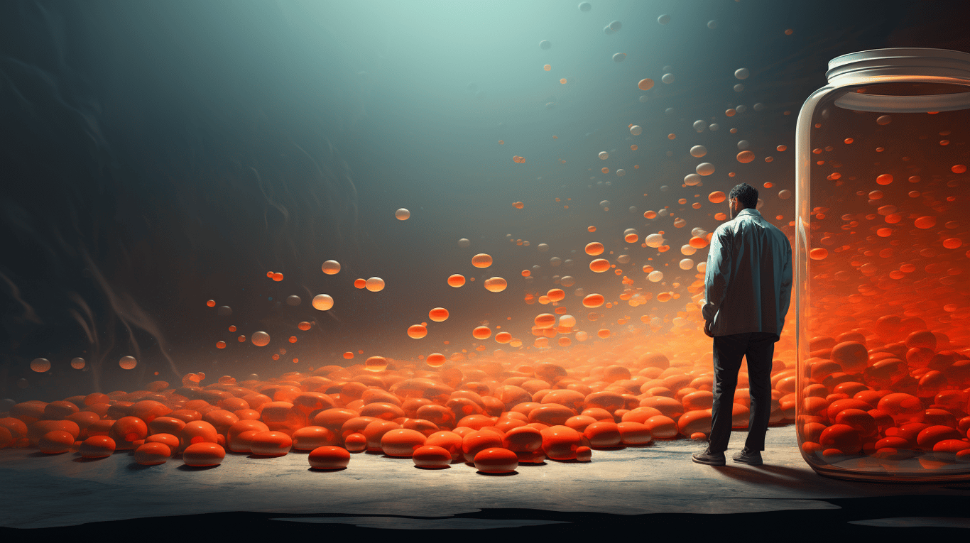 abstract image of a researcher studying a bottle of drug.